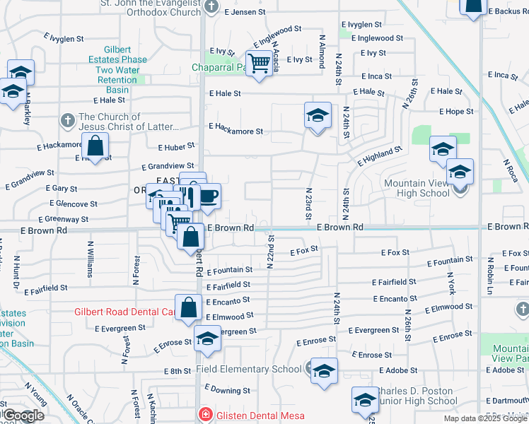 map of restaurants, bars, coffee shops, grocery stores, and more near 2160 East Brown Road in Mesa