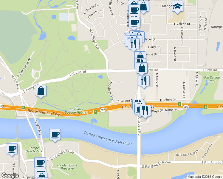 map of restaurants, bars, coffee shops, grocery stores, and more near 819 North College Avenue in Tempe