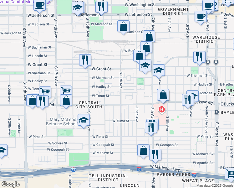 map of restaurants, bars, coffee shops, grocery stores, and more near 1112 West Tonto Street in Phoenix