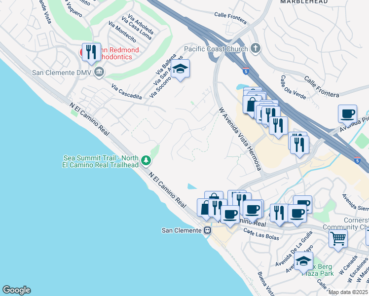 map of restaurants, bars, coffee shops, grocery stores, and more near 101 Via Almodovar in San Clemente