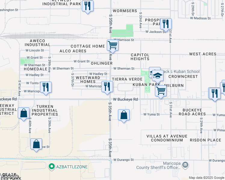 map of restaurants, bars, coffee shops, grocery stores, and more near 1011 South 35th Avenue in Phoenix