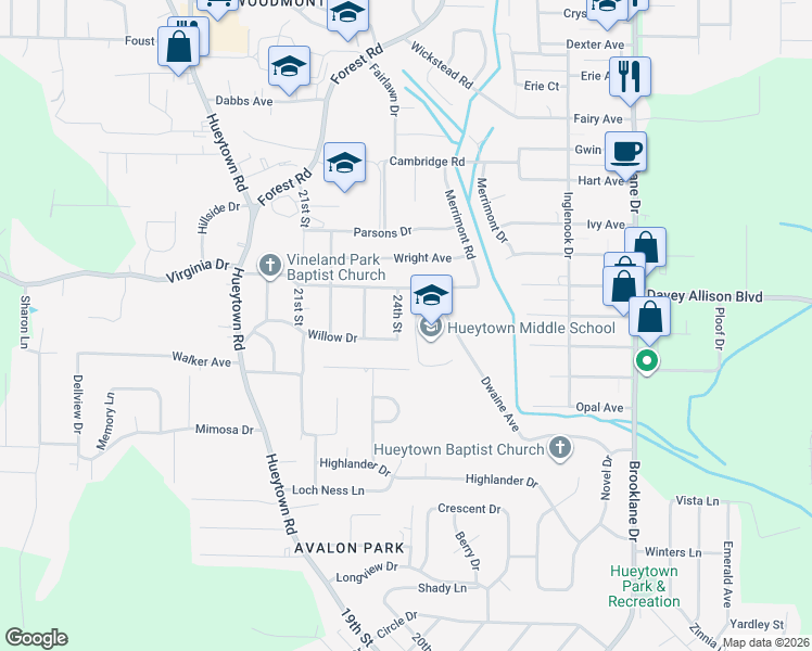 map of restaurants, bars, coffee shops, grocery stores, and more near 163 24th St in Hueytown