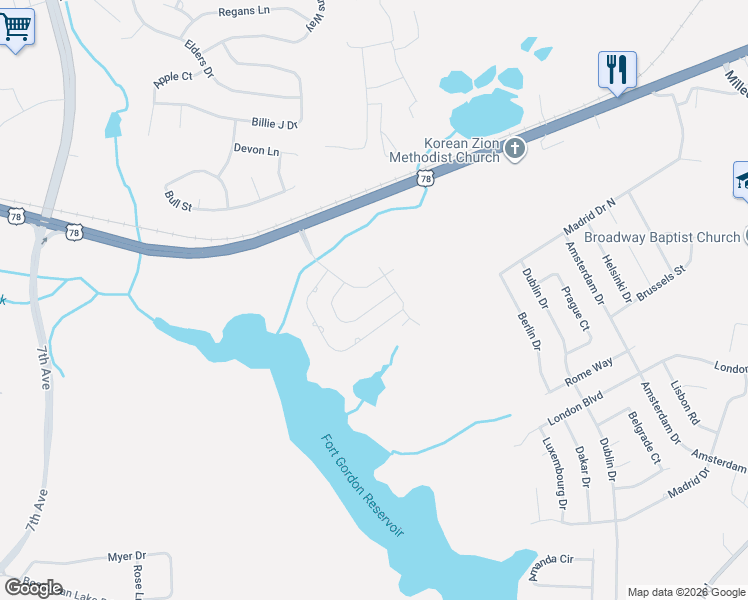map of restaurants, bars, coffee shops, grocery stores, and more near 2626 Overlook Drive in Augusta