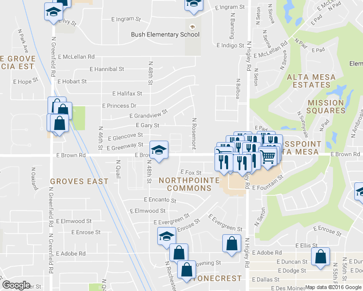 map of restaurants, bars, coffee shops, grocery stores, and more near North Terra Mesa in Mesa