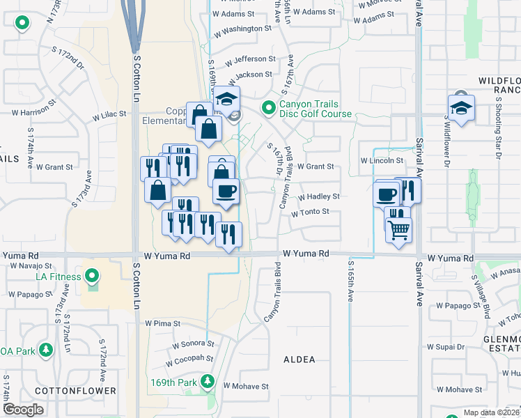 map of restaurants, bars, coffee shops, grocery stores, and more near 1021 South 167th Lane in Goodyear