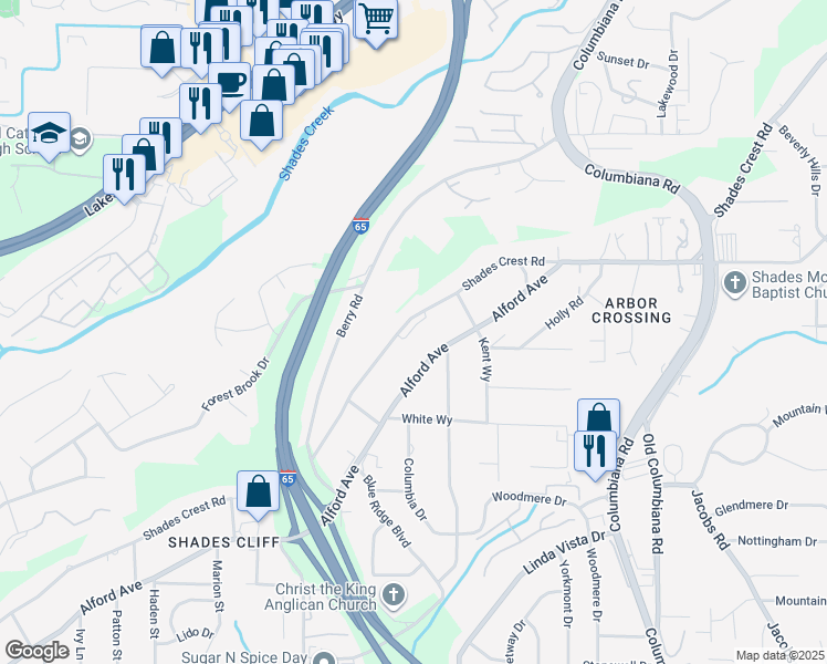 map of restaurants, bars, coffee shops, grocery stores, and more near 1453 Shades Crest Road in Birmingham