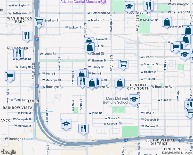 map of restaurants, bars, coffee shops, grocery stores, and more near 1016 South 18th Avenue in Phoenix