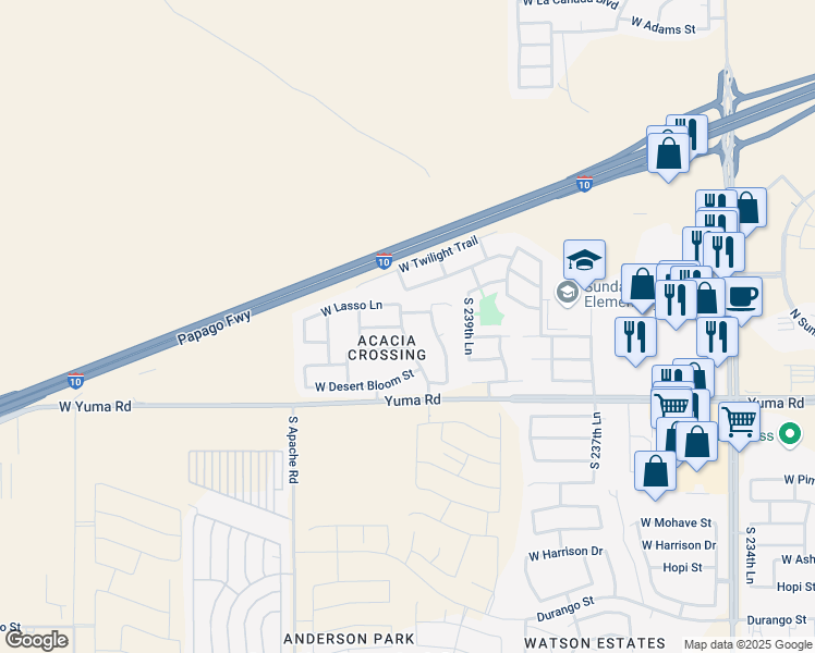 map of restaurants, bars, coffee shops, grocery stores, and more near 931 South 241st Avenue in Buckeye