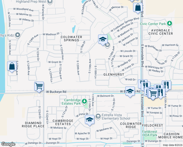 map of restaurants, bars, coffee shops, grocery stores, and more near 713 S 119th Ave in Avondale