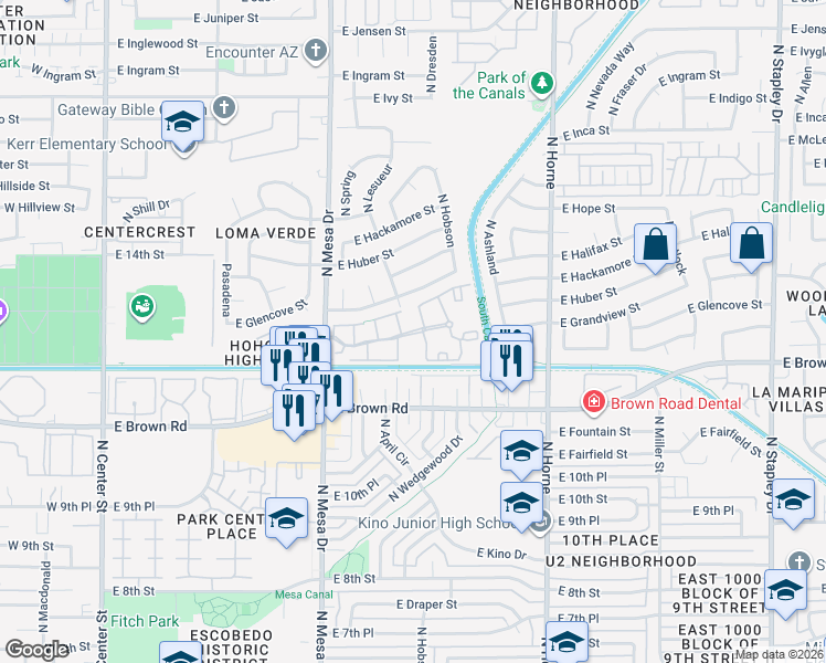 map of restaurants, bars, coffee shops, grocery stores, and more near 1233 North Mesa Drive in Mesa
