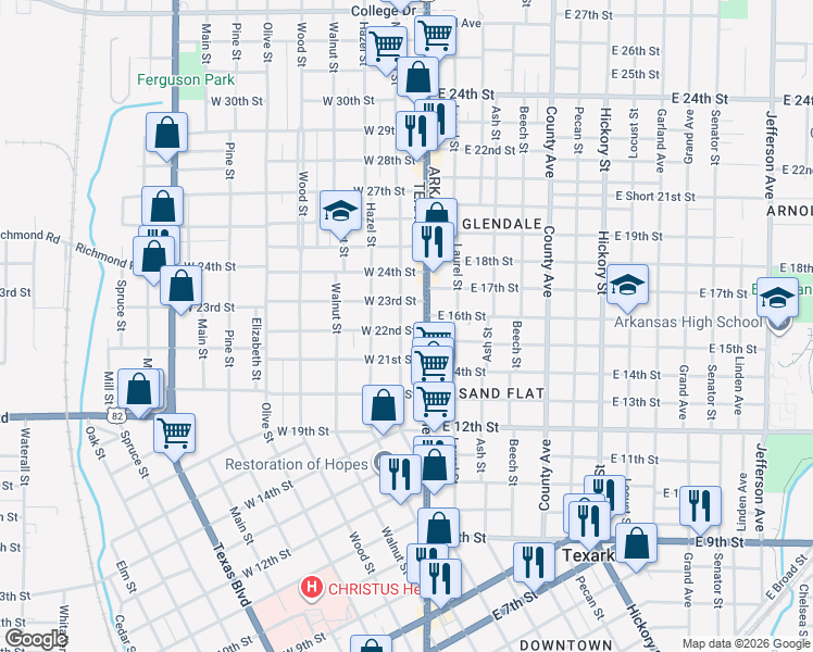 map of restaurants, bars, coffee shops, grocery stores, and more near 2202 Magnolia Street in Texarkana