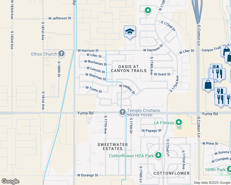 map of restaurants, bars, coffee shops, grocery stores, and more near 904 South 176th Avenue in Goodyear