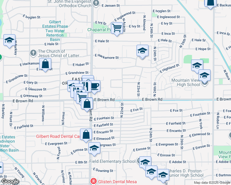 map of restaurants, bars, coffee shops, grocery stores, and more near 2160 East Brown Road in Mesa