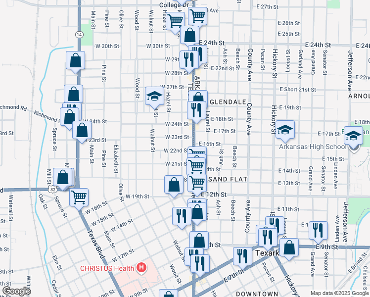 map of restaurants, bars, coffee shops, grocery stores, and more near 2202 Magnolia Street in Texarkana