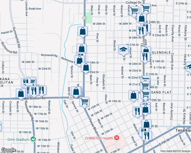 map of restaurants, bars, coffee shops, grocery stores, and more near 2203 Pine Street in Texarkana