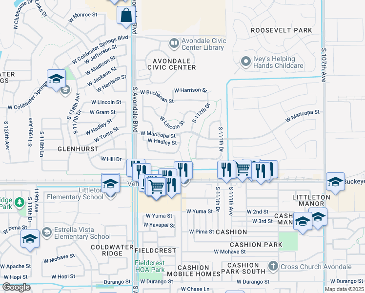 map of restaurants, bars, coffee shops, grocery stores, and more near 805 South 113th Avenue in Avondale