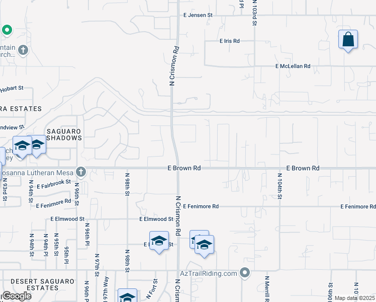 map of restaurants, bars, coffee shops, grocery stores, and more near 10036 East Brown Road in Mesa