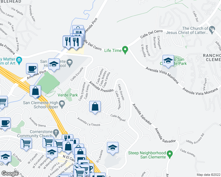 map of restaurants, bars, coffee shops, grocery stores, and more near 946 Avenida Presidio in San Clemente