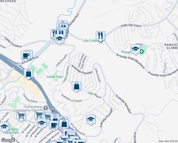 map of restaurants, bars, coffee shops, grocery stores, and more near 946 Avenida Presidio in San Clemente
