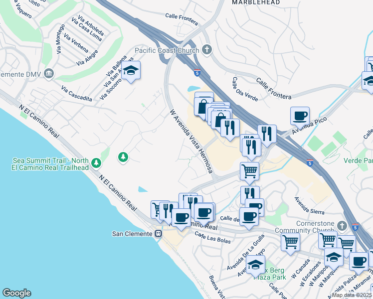map of restaurants, bars, coffee shops, grocery stores, and more near 102 Via Pamplona in San Clemente