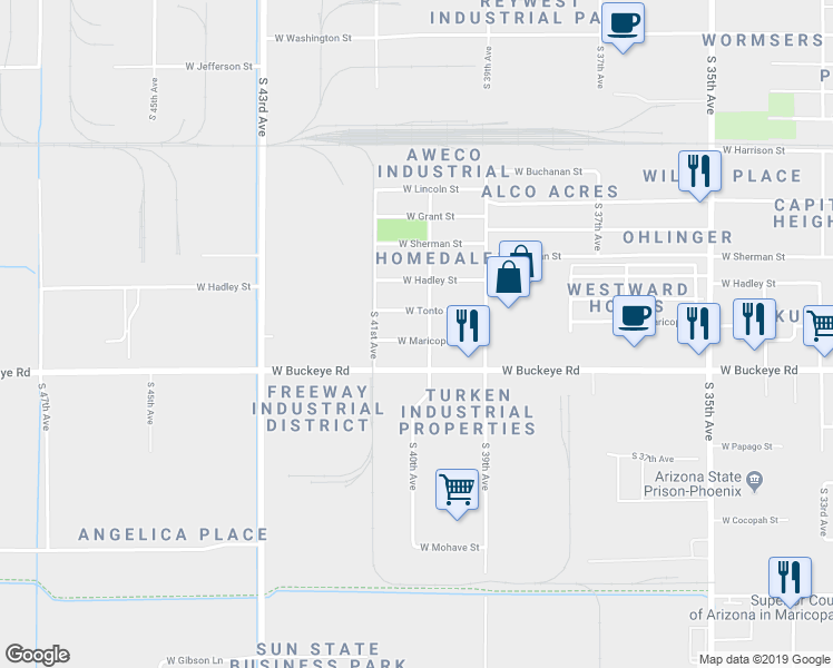 map of restaurants, bars, coffee shops, grocery stores, and more near 4010 West Maricopa Street in Phoenix