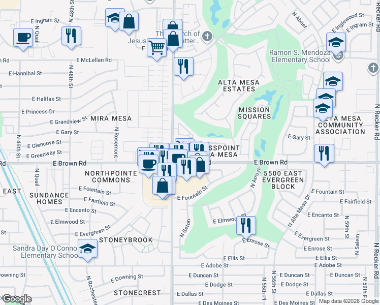 map of restaurants, bars, coffee shops, grocery stores, and more near 5113 East Greenway Circle in Mesa