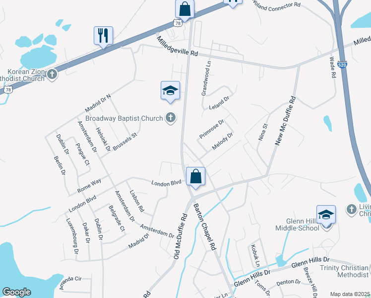 map of restaurants, bars, coffee shops, grocery stores, and more near 2364 Barton Chapel Road in Augusta