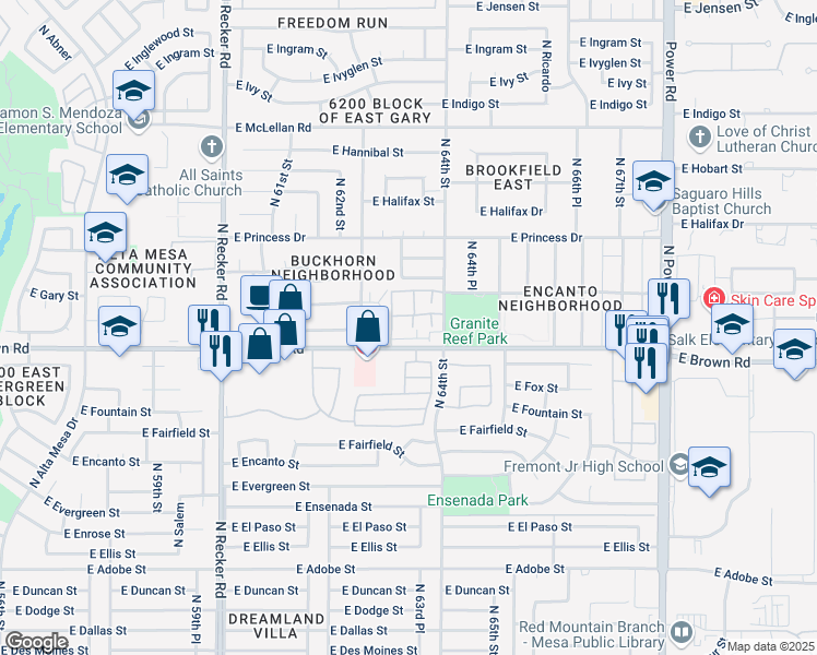 map of restaurants, bars, coffee shops, grocery stores, and more near 6262 East Brown Road in Mesa