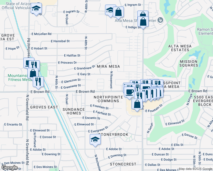 map of restaurants, bars, coffee shops, grocery stores, and more near 4934 East Greenway Circle in Mesa