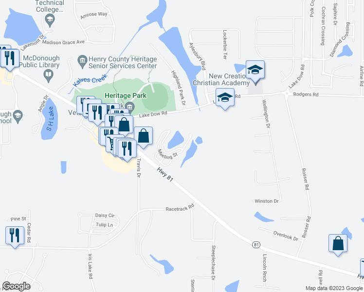 map of restaurants, bars, coffee shops, grocery stores, and more near 385 Meeting Street in McDonough
