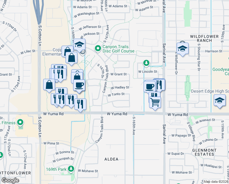 map of restaurants, bars, coffee shops, grocery stores, and more near 16574 West Tonto Street in Goodyear