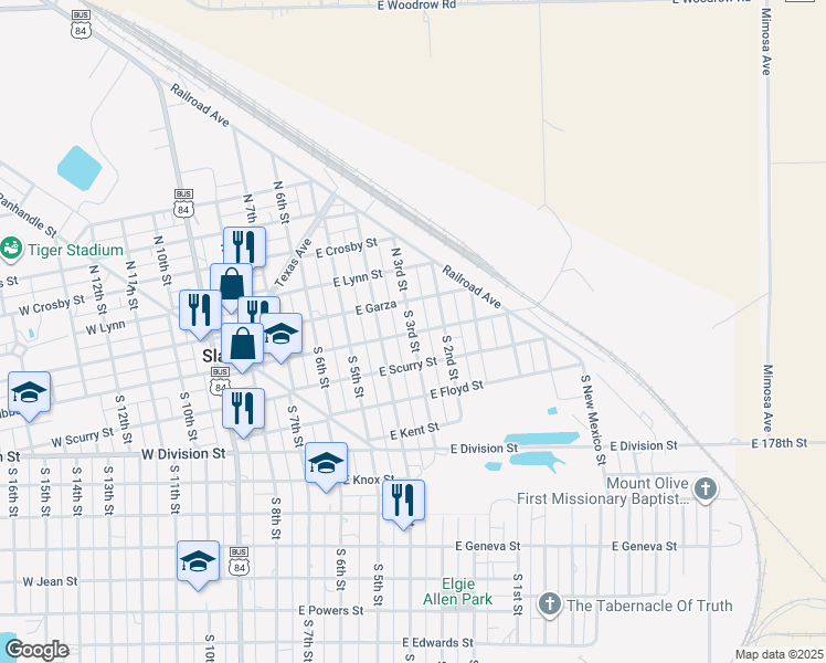 map of restaurants, bars, coffee shops, grocery stores, and more near 598 E Lubbock St in Slaton
