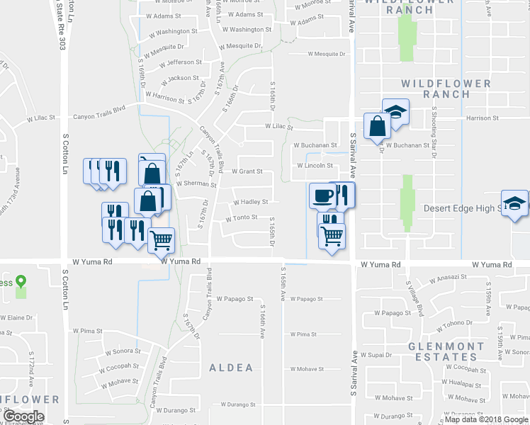 map of restaurants, bars, coffee shops, grocery stores, and more near 16532 West Tonto Street in Goodyear