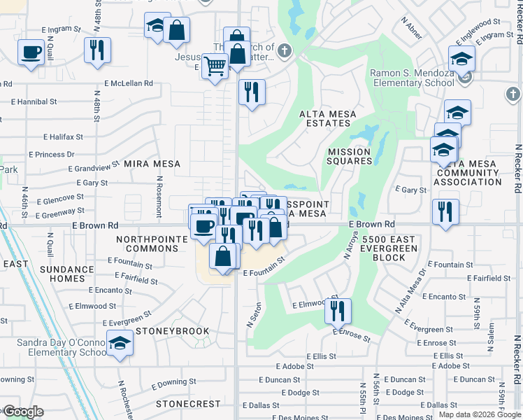 map of restaurants, bars, coffee shops, grocery stores, and more near 5113 East Greenway Circle in Mesa