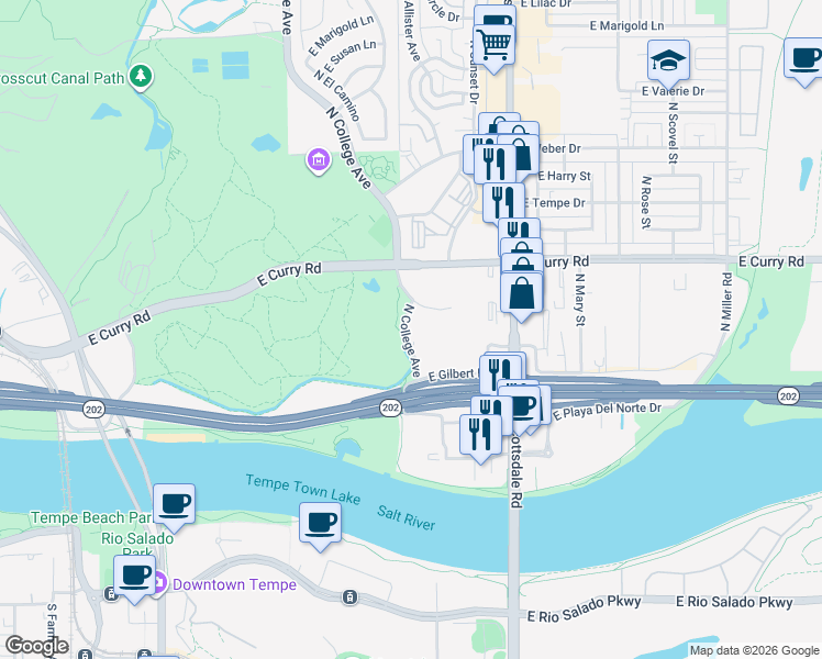 map of restaurants, bars, coffee shops, grocery stores, and more near 819 North College Avenue in Tempe