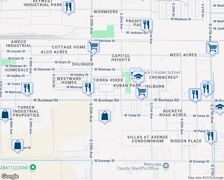 map of restaurants, bars, coffee shops, grocery stores, and more near 3309 West Maricopa Street in Phoenix