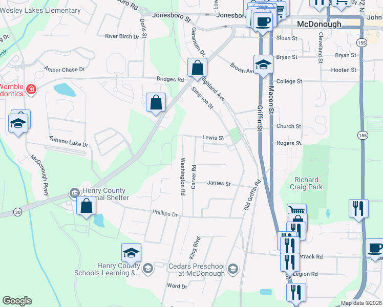 map of restaurants, bars, coffee shops, grocery stores, and more near 161 Carver Road in McDonough