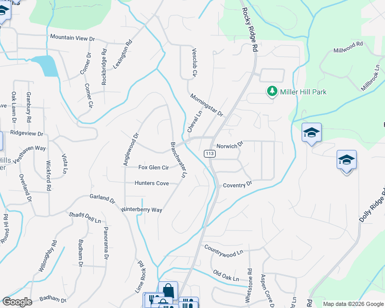map of restaurants, bars, coffee shops, grocery stores, and more near 1305 Branchwater Lane in Vestavia Hills