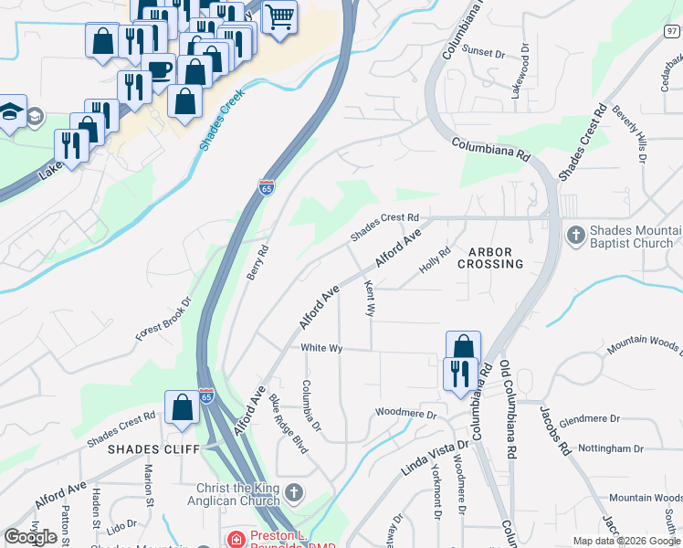 map of restaurants, bars, coffee shops, grocery stores, and more near 1460 Alford Avenue in Birmingham