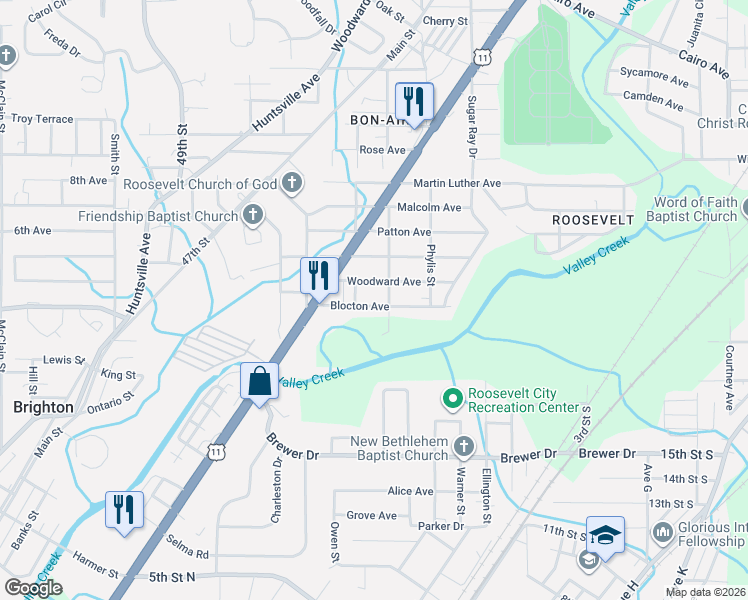 map of restaurants, bars, coffee shops, grocery stores, and more near 6100 Blocton Avenue in Birmingham