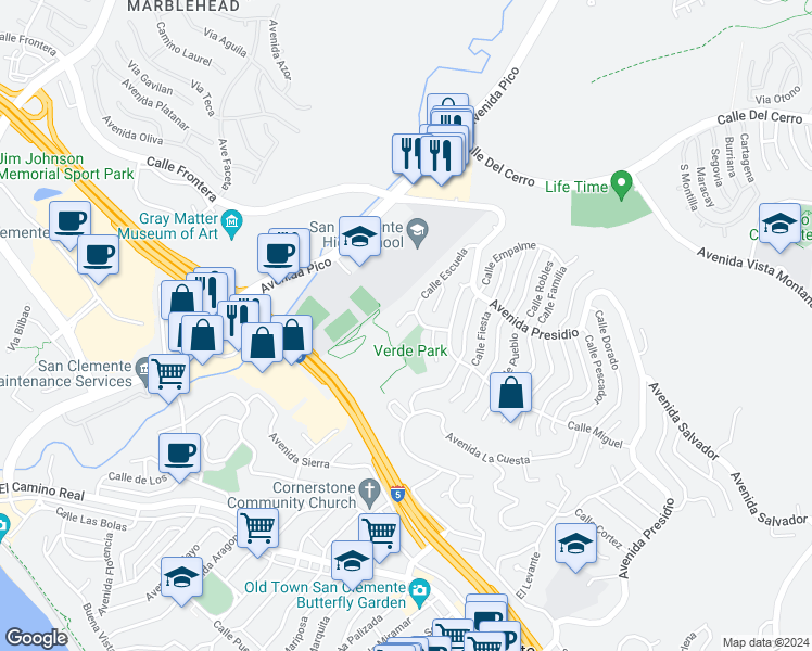 map of restaurants, bars, coffee shops, grocery stores, and more near 204 Calle Del Juego in San Clemente