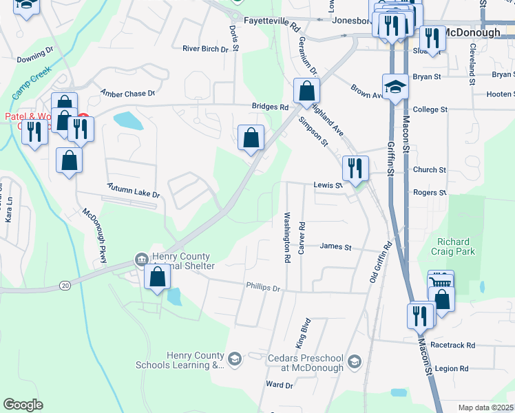 map of restaurants, bars, coffee shops, grocery stores, and more near Navigator Lane in McDonough