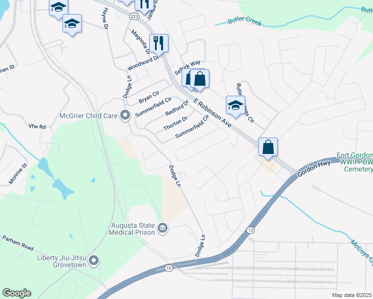 map of restaurants, bars, coffee shops, grocery stores, and more near 227 Taylor Circle in Grovetown