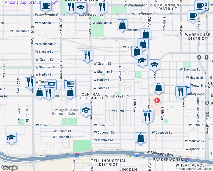 map of restaurants, bars, coffee shops, grocery stores, and more near 1146 West Tonto Street in Phoenix