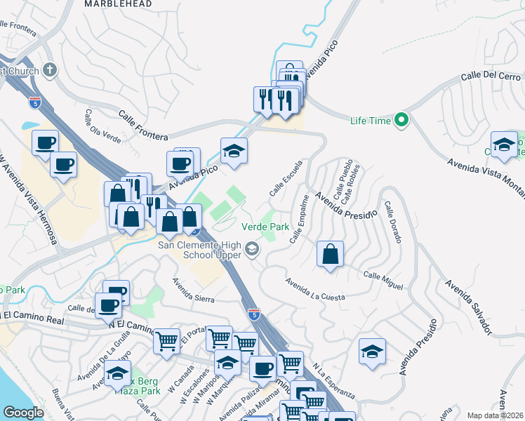 map of restaurants, bars, coffee shops, grocery stores, and more near 204 Calle Del Juego in San Clemente