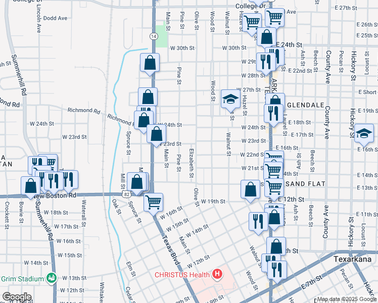 map of restaurants, bars, coffee shops, grocery stores, and more near 2107 Elizabeth Street in Texarkana