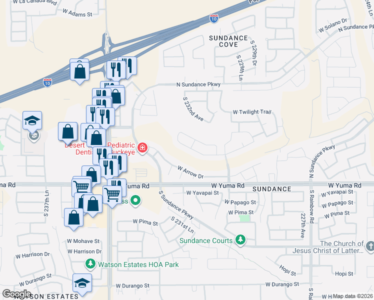 map of restaurants, bars, coffee shops, grocery stores, and more near 23181 West Lasso Lane in Buckeye