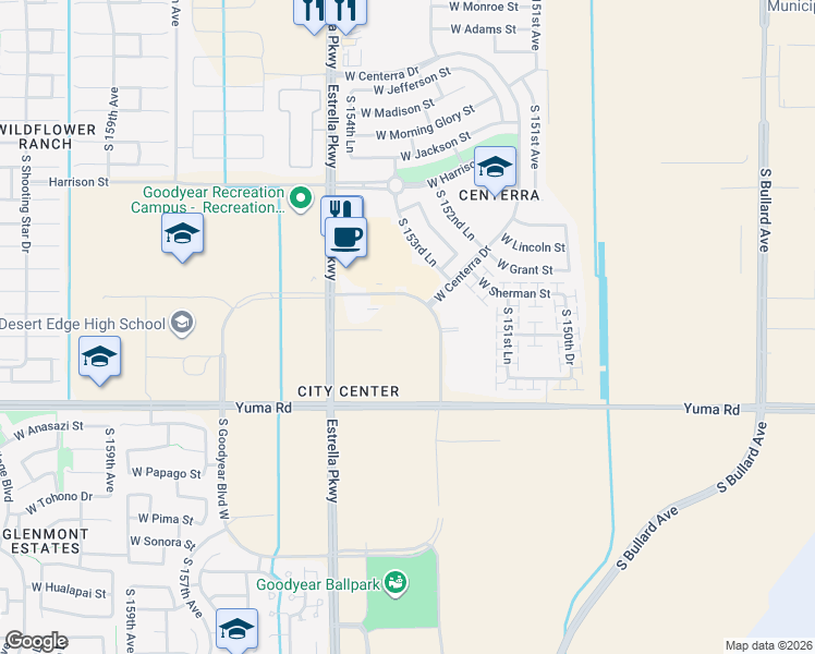 map of restaurants, bars, coffee shops, grocery stores, and more near 15305 West Goodyear Boulevard North in Goodyear