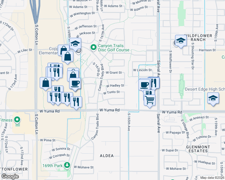 map of restaurants, bars, coffee shops, grocery stores, and more near 16574 West Tonto Street in Goodyear