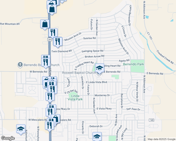 map of restaurants, bars, coffee shops, grocery stores, and more near 3300-3310 North Garden Avenue in Roswell